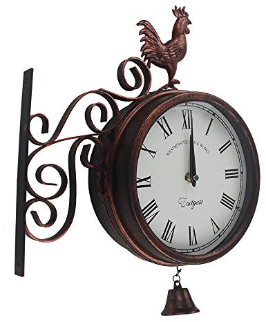 Timelike Outdoor Garden Wall Clock Double Sided Cockerel And Bell With Station Bracket, Outdoor Hanging Vintage Quartz Iron Art Retro Wall Clock For Home Decor (Copper)