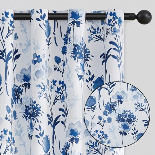 ugoutry 100% Floral Blackout Curtains 96 Inches Long for Bedroom, Mixed Blue Farmhouse Sound Proof Window Treatments, Light Blocking Energy Saving Watercolor Flower Pattern Drapes 2 Panels Set 52 W