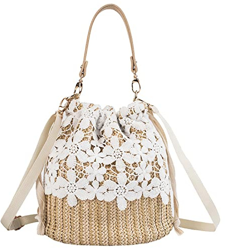 Anopo Paja Bolso Hombro Mimbre Cordón Mujeres Bolso Tejido Verano Ratán Boho Vacaciones Cubo Flor