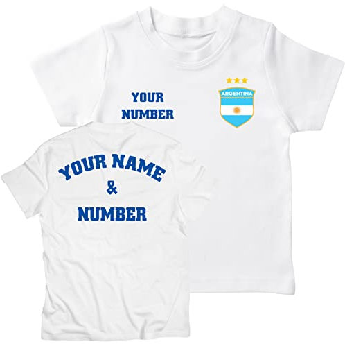 lepni.me T-shirt Barn Argentina Fotbollströja VM 2022 Mästare med Ditt Namn och Nummer | Argentinsk Flagga Märke Personlig Jersey Custom Topp (5-6 år Vit Flerfärgad)