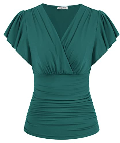 GRACE KARIN Womens Tops Dressy Casual, 2026 Ruffle Sleeve Wrap Blouses, V Neck Ruched Business Work Shirts Blue Green M