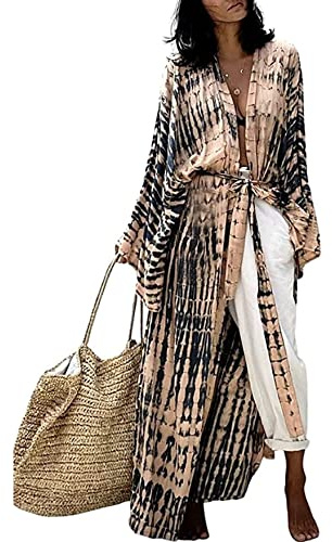 HYUET strandplagg för dam, elegant lång kimono med batikmönster dam sommar strandklänning bikini överdrag cardigan lång ärm bohemisk kaftan tunika topp för semester