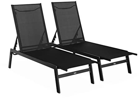 2er-Set Liegestuhl aus Textilene und Metall mit mehreren Positionen. Schwarz. L 155 x P 59 x H 106 cm