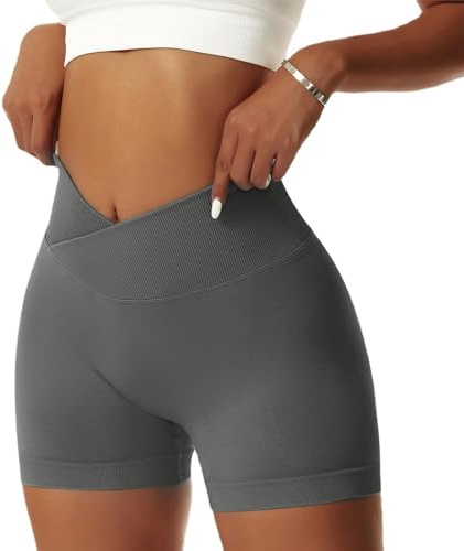Vertvie Femmes Short de Sport Push Up V Cross Taille Booty Scrunch Butt Legging Court sans Couture Short de Cycliste Yoga Course Collants Shorts Pantalon Anti Cellulite(M,Gris foncé)