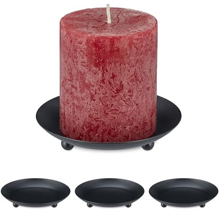 Relaxdays Set da 4 Porta Candele da Tavolo, Piatti Portacandele, Piattini Portalumini Ø 10cm, Centrotavola Moderno, Nero, Ferro