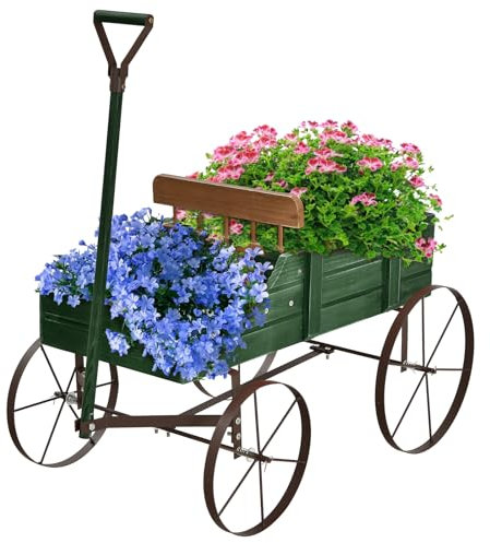 HOMASIS Jardinière en bois pour plantes, brouette avec roues en métal et 2 compartiments, pot en forme de monocycle décoratif pour jardin, terrasse, patio, 63 x 35 x 62,5 cm (vert)