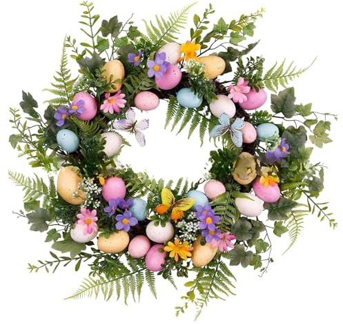 Folpus Ghirlanda di Fiori con Uova di Pasqua, Ghirlanda Decorativa per Porta di Pasqua, Ghirlanda di Foglie Verdi Artificiali per Porta d'ingresso, Patio per, Stile a