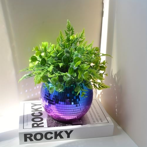 Qiumyanlod Disco Ball Planter, Glass & Plastic Mirror Disco Ball Flower Pot, Self Watering, Indoor/Outdoor, Red, 14cm x 16cm