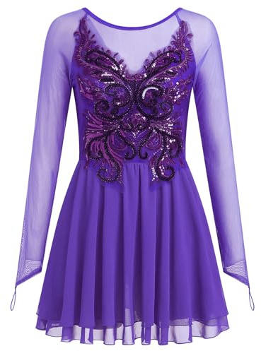 Figure Skating Dress for Women Butterfly Sequin Mesh Sleeve Teen Ice Skater Outfits Rhythmic Gymnastics Chiffon Dress, Purple Sequins, L