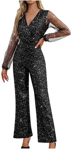 Sequin Jumpsuit for Women UK Clearance,Sexy V-neck Sequin Overalls Mesh Patchwork Shimmer Long Sleeve Romper Black Sparkly Straight Leg Jumpsuit Elegant Party Evening Playsuit One Piece Outfits S-XXL