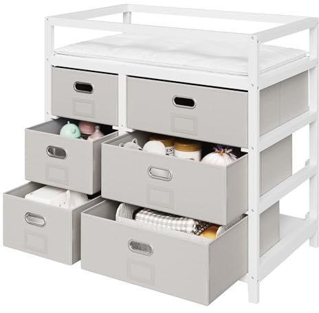 WOLTU Wickelkommode, Wickeltisch mit 6 Stoffschubladen, Umrandung, Kommode mit Schubladen, Sideboard Flur, 86,5x84x52 cm, Weiß Grau