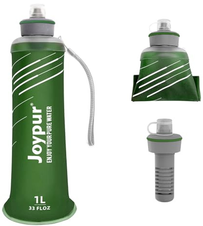 joypur Bouteille Eau Pliable avec Filtre 1L, Filtre à Eau Portable 3 Couches, Élimine 99.9999% des Impuretés, Ultra-léger 100g, Pour Randonnée Camping Survie, TPU Qualité Alimentaire Vert
