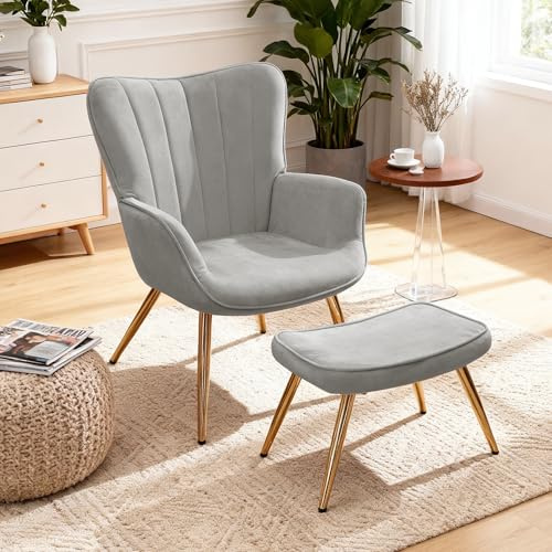 FiveWillowise Ohrensessel, Sessel mit Hocker, Relaxsessel mit Fußstütze, Armsessel, Armlehnstuhl, Loungesessel, Fernsehsessel für Wohnzimmer, Schlafzimmer, Samtoptik, Grau