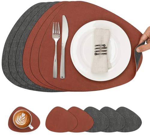 Chitomars Placemats and Coasters Set of 6 Dual Sided Faux Leather Table Mat | Heat Resistant Washable Place Mats Non Slip Waterproof PU Leather Placemat for Dining Table Indoor Outdoor(Grey Terracotta)