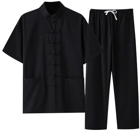 WAZHAKU Traje de lino Ropa de Algodón Zen Meditación Tai Chi Uniforme Hombres Ropa Tradicional China Ropa Kung Fu Ropa Transpirable Tops Artes Marciales Conjunto Tang Traje Manga Corta Pantalones, X