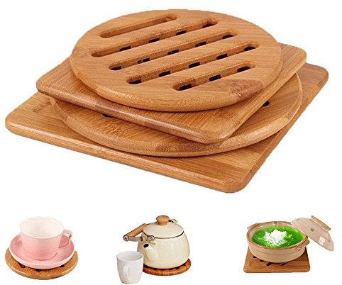 Efbock Bamboo Trivet, Home Kitchen Bamboo Hot Pads Trivet, Heat Resistant Pads, Square and Round (Multi-Size, Pack of 4)