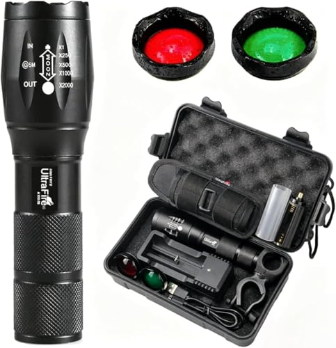 ULTRAFIRE Tactical Torch with Red Light/Green Light, 900 Lumens Zoomable 5 Modes LED Torch with Flashlight Holster, USB Charger, Bicycle Mount, 3-Color Interchangeable Filter