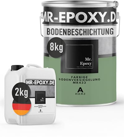 Mr. Epoxy Epoxidharz Bodenbeschichtung (10 kg, RAL 6021 Blassgrün) - 2K Betonfarbe für Garagen, Keller & Werkstatt Boden - Flüssigkunststoff Epoxid Grundierung und Bodenversiegelung