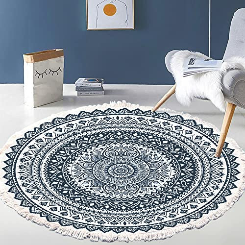 Vintage Boho Baumwolle Teppiche Mandala Muster Waschbar Handgewebte Böhmische Runder Teppich mit Quasten für Schlafzimmer Flur Wohnzimmer Couchtisch Fußmatten,Waschmaschinenfest,100CM Blumen #16