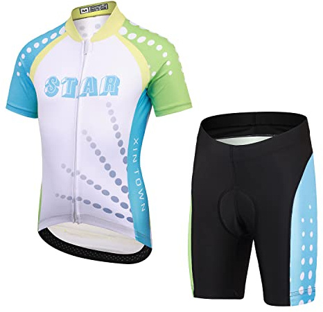 Amur Leopard Mädchen Radsport Fahrrad Trikot Jungen Radhose mit Polster Radtrikot Kinder Sport Shirt + Kurze Fahrradhose, Weiß(Radtrikot-Set), 3XL