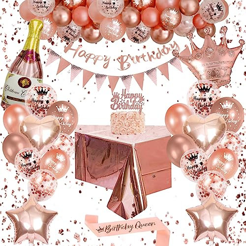 VICTERR Geburtstagsdeko Für frauen, Rosegold Luftballons Geburtstag, Party Deko Set Enthalten Happy Birthday Banner, 39 Stück Ballons, Schärpe, Mädchen