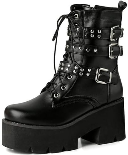 EXECAB Damen-Stiefeletten zum Schnüren, Gothic-Punk-Stil, Nieten, Knöchelriemen, Metallschnalle, Plateau, Blockabsatz, Biker-Stiefeletten,Schwarz,44 EU