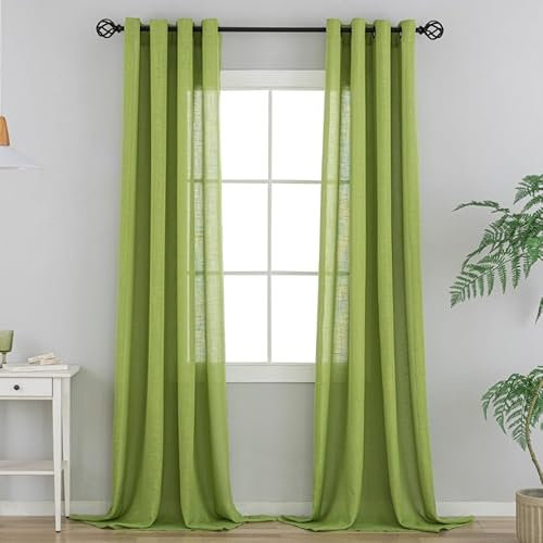 VOILYBIRD Natürliche Leinenstruktur Vorhänge mit Ösen Leinen Gardinen für Fenster Wohnzimmer (Grün, HxB 220x140 cm, 2 Stück)