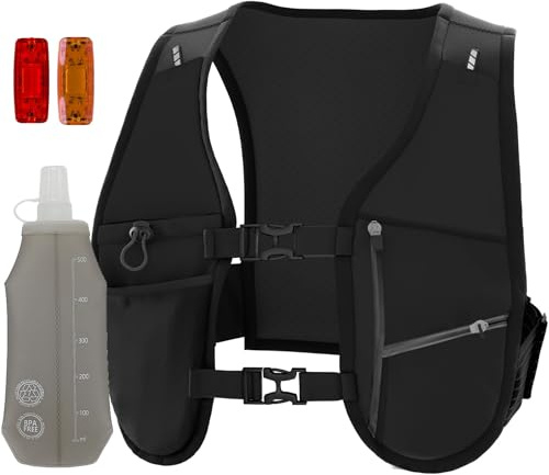 EGOO - LED Running Vest with Multi-Pockets for Men and Women, Lightweight Hydration Vest for Running & Outdoor Activities, Rechargeable LED Safety Light x2 + 500ml Soft Flask x1