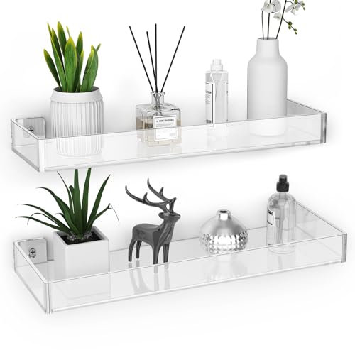 NiHome 2er Set Acryl Transparent Wandregal, Schwebendes Regal ，Wandregale mit Kante für Schlafzimmer, Badezimmer, Küche, Wohnzimmer und Büro, Perfekt für Wanddekoration und Stauraum (Klein + Mittel)