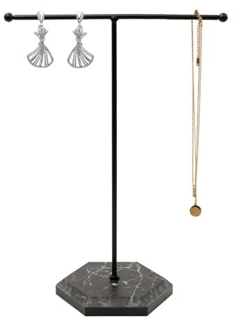 YUNXCNA Puesto de Joyería, Porta Collares, Soporte para Joyas, Expositor Metálico para Joyas en Forma de T, Porta Cadenas, Base de Mármol, para Collares, Pulseras, Aretes, Anillos, Negro