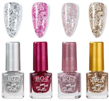 Glitter Nail Polish Set - 4pcs Silver, Gold, Pink, Purple - Quick Dry, Flash Shiny Varnish Kit With Clear Polish and Glitter - Gift for Women