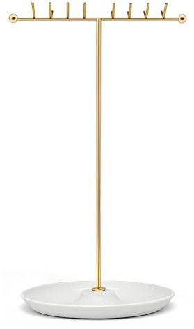 32 cm smyckesorganiseringsstativ med vit metallbricka och guld-T-stång – dubbelsidig halsbandshållare, smyckesstativ, halsbandsstativ, smyckeshållare, organisatör, smycketräd för kvinnor – estetisk
