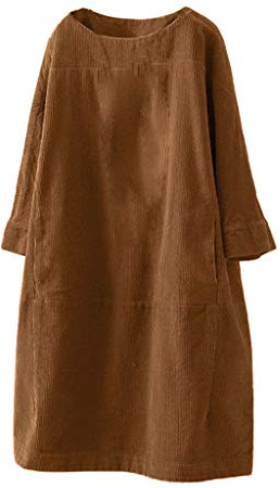 FNKDOR Robe Pull Femme Velours Côtelé Robes Casual Chic Col Rond Robes Tunique Ample Robes Décontractée Robe Pull à Manches Longues Couleur Unie Grande Taille Robes Mini(Brun,XXL)