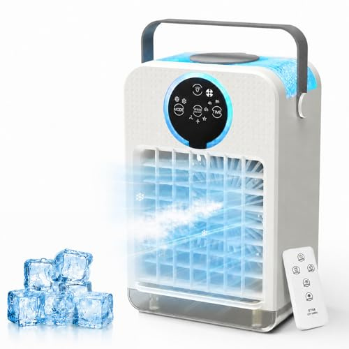 Aceshop Condizionatore Portatile con Telecomando, Raffreddatore D'aria Evaporativo con Timer 2-8H, 3 Velocità, 2 Modalità di Nebbia, 700ML Mini Raffreddatore D'aria Personale per Camera Ufficio Cucina