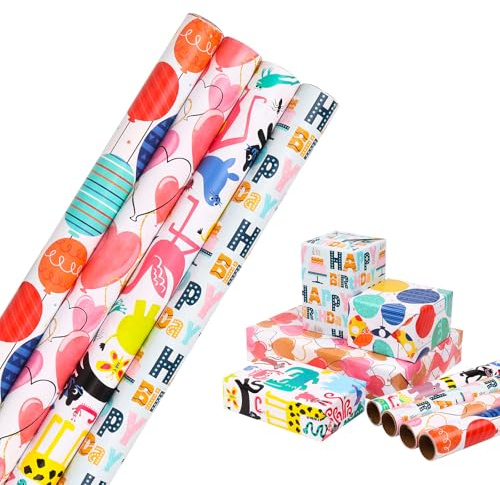HBell Födelsedag omslagspapper rulle, 4 rullar 43 cm x 3 m presentomslagspapper, julpapper till födelsedag, jul, barn presentdekorationer, fest, babyshower