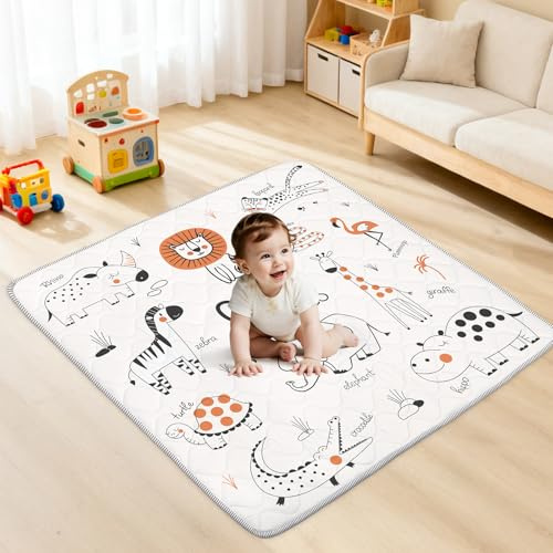 Tapis de Juego Bebé 127 * 127cm, Alfombra de Actividades con Acolchado Grueso para Tummy Time, Base Antideslizante Segura para Gateo, Animales de línea