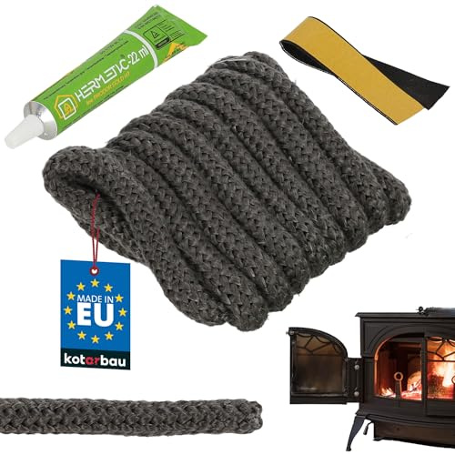 KOTARBAU® Guarnizione Camino - Fibra di Vetro - ⌀ 12 mm - 2.5 m - Colla Resistente al Calore - Guarnizione Stufa A Pellet - Guarnizioni per Stufe - Nero