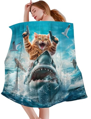Cat Riding Shark Blanket - Ultra Soft Throw, Fleece Material, Lightweight Decorative Cover, Warm Plush Bedding Design | for Sofa, Couch, Chair, Bed, Travel, Picnic, Indoor Relaxing
