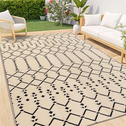 Homaxy Utomhusmatta, väderbeständig, 120 x 180 cm, användbar på båda sidor, vattentäta boho-mattor för terrass, trädgård, balkong, camping, picknick, beige