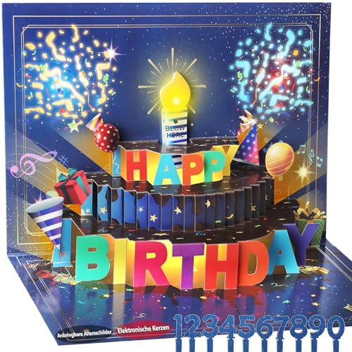 3D Pop Up Birthday Card with Lights and Sound, Blow Out LED Candle with Sensor, Singing Musical Greeting Card for Men, Women, Kids (Blue)