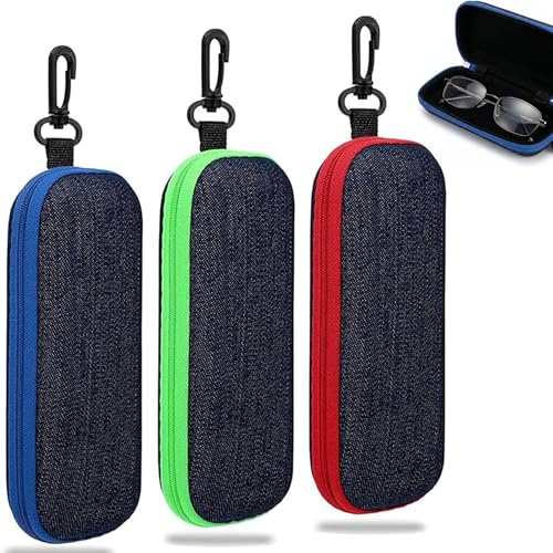 LEOUEANR Set di 3 custodie per occhiali in denim, custodia portatile in EVA con cerniera e gancio per viaggi e uso quotidiano (denim)