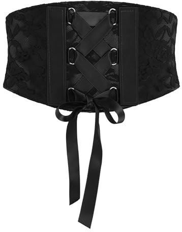 BlackButterfly Corset Waspie Elastic Belt | 5.5 Inch Wide, Floral Lace Overlay, Satin Ribbon Lace-Up, Snap Button Closure, Waspie, Sizes S-XXL