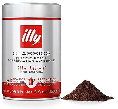 illy, Café moulu pour Moka Classic, 100% Arabica avec des Notes de Caramel, Fleur d'Oranger et Jasmin, Goût doux et arrière-goût sucré, Pack de 12 boites (12 x 250gr)