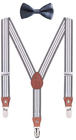 WANYING Hosenträger Fliege Set für Kleinkind Kinder Jungen Mädchen 3-8 Jahre alt Y Form 3 Clips Breite 2,5cm Elastische Hosenträger - Gestreift Grau