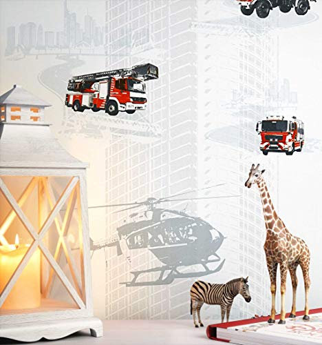 NEWROOM Kindertapete Grau Helikopter Feuerwehr Kinder Vliestapete Rot Vlies Kindertapete Kinderzimmer Babytapete Babyzimmer Jungs
