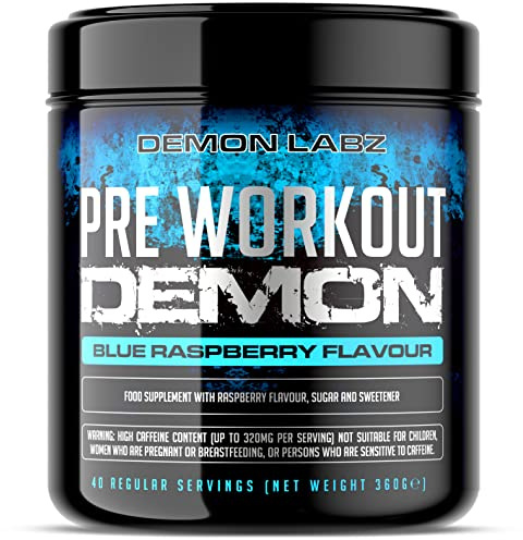 Pre Workout Demon - Advanced Pre-Workout Energy Powder with Creatine, Caffeine, Beta-Alanine & Glutamine, Blue Raspberry, 360g - 40 Servings