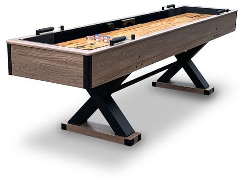 Hathaway Excalibur 9-Ft Shuffleboard Table for Great for Family Recreation Game Rooms, Designed with a Rustic Driftwood Finish with Built-In Leg Levelers, Includes 8 Pucks, Table Brush and Wax