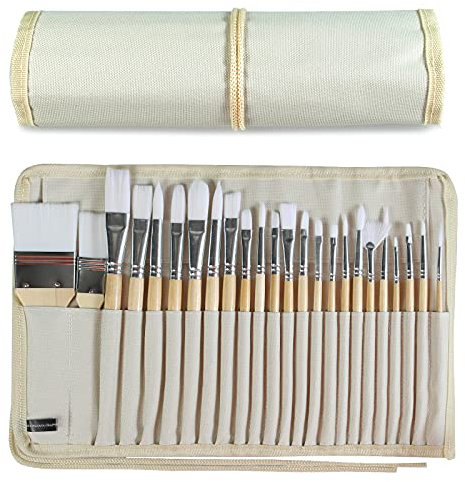Paint Brushes Set of 24 Pieces Wooden Handles Brushes with Canvas Brush Case, Professional for Oil, Acrylic and Watercolor Painting