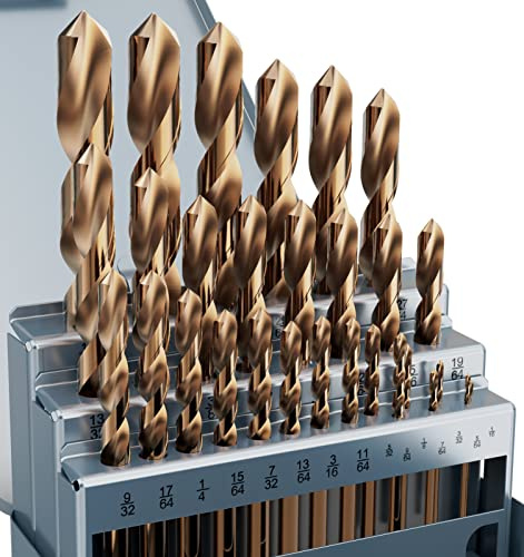 MACXCOIP Cobalt Drill Bit Set, 29Pcs M35 High Speed Steel Bits for Hardened Metals, Stainless Steel, Cast Iron and Wooden Plastics, with Metal Index Storage Box, 1/16-1/2