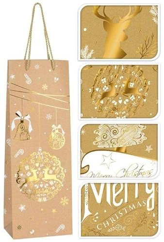 12 x Flaschentüten aus robustem Papier mit weihnachtlichen Motiven im Natural-Look mit Goldprägung - Weintüten - Weinflaschentüten - Geschenktüten Wein